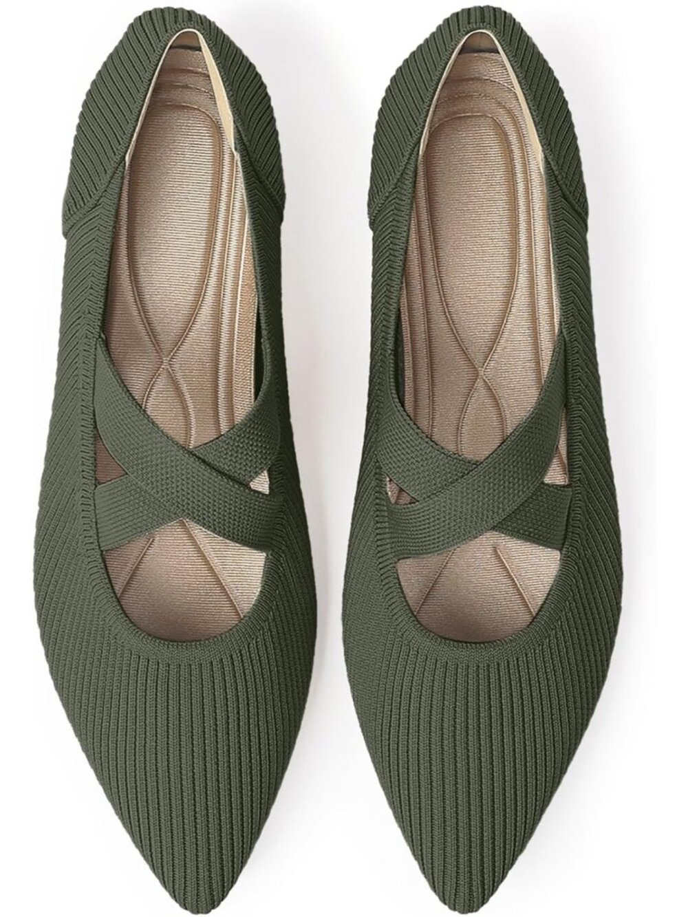 Women's Green Pointed Toe Comfortable Mary Jane Slip-On Knit Ballet Flat Shoes